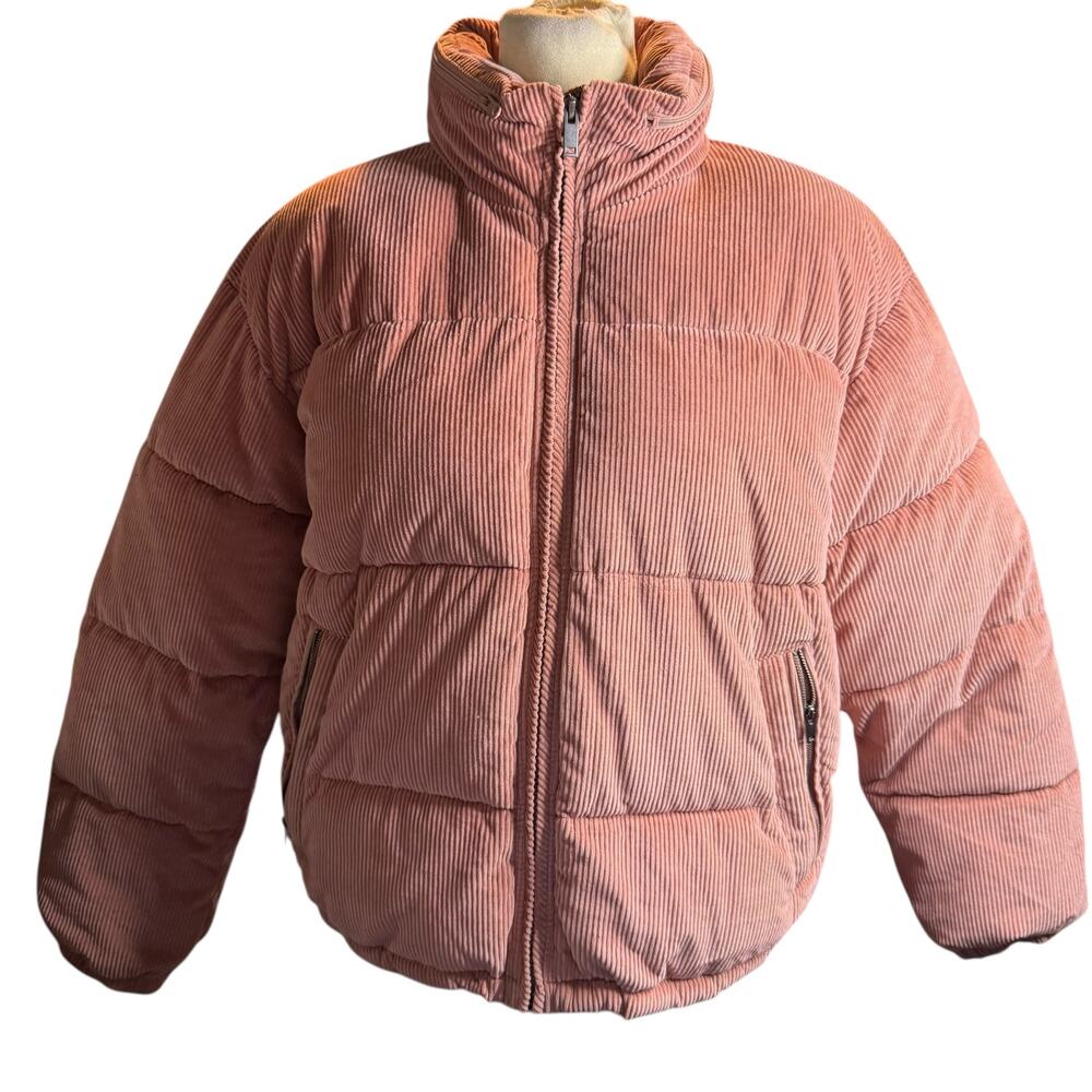 American Eagle Dusty Rose Pink Corduroy Puffer Jacket, Versatile Hood, Small